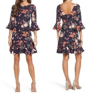 NWT! Eliza J. Floral Navy Bell Sleeve Flounce Dress 10P